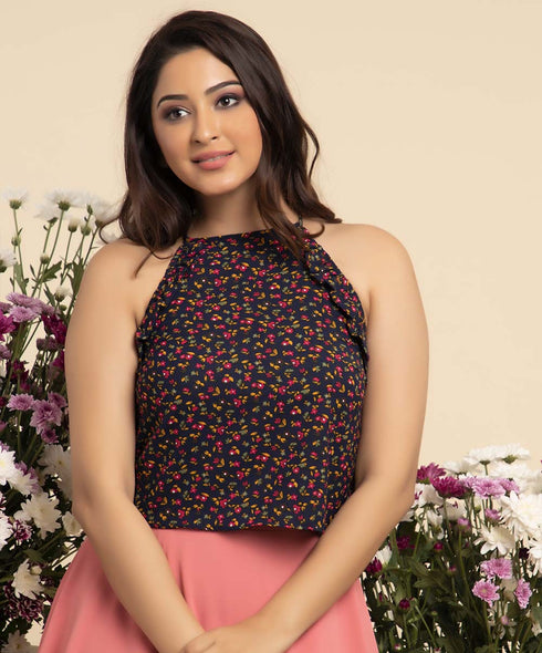 Sleeve Strap Frilled Round Neck Top
